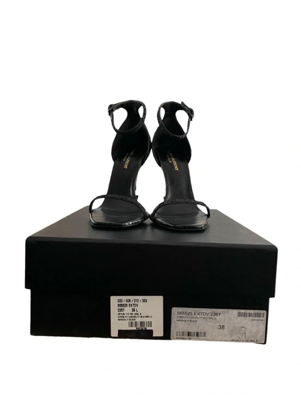 Saint Laurent Women’s Nero Glitter Black Lacquer Opyum 110 Open Toe Heel Size 38